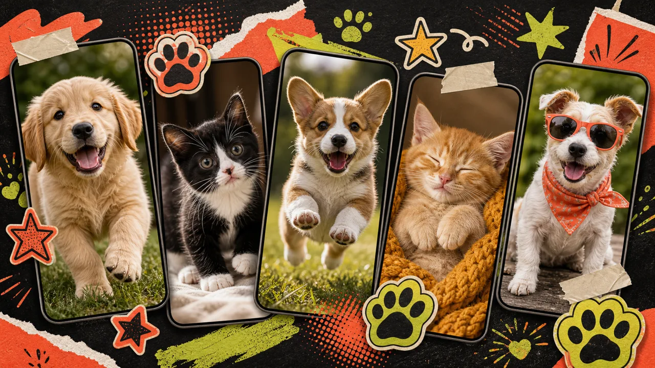 Collage of pet photos transformed into viral AI video reels